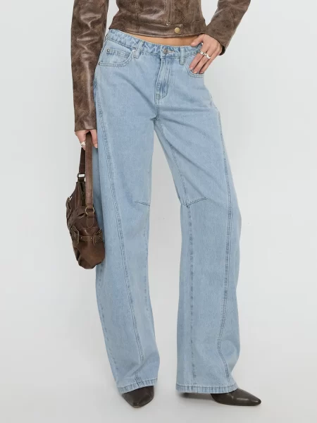 mid rise barrel leg jeans ice wash