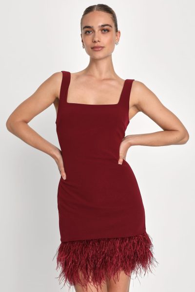 burgundy feather mini dress