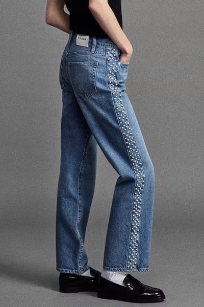 frame blue cropped pearl embellished jeans