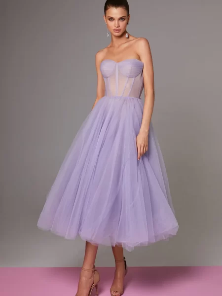 Lavender Strapless Puffy Midi Tulle Dress