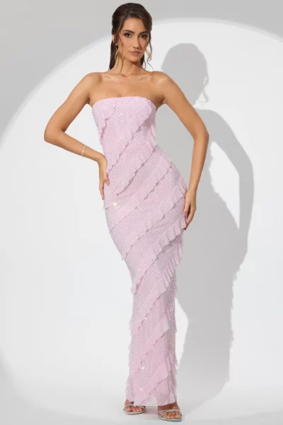 OhPolly embellished strapless ruffle maxi dress in pink