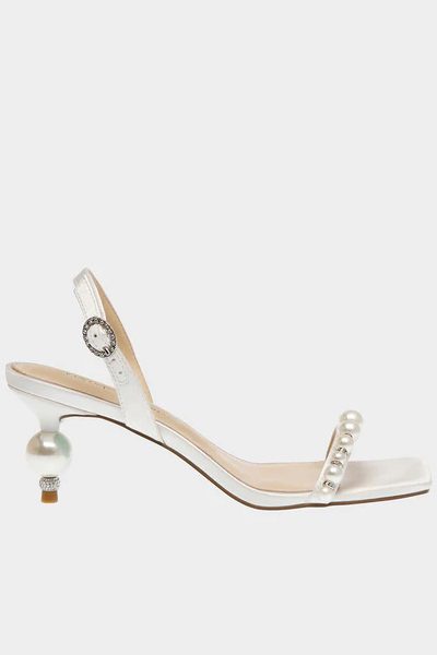 betsey johnson white heeled sandals with pearls