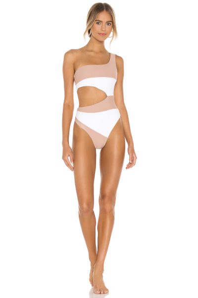 white and beige cut-out one piece swimsuits