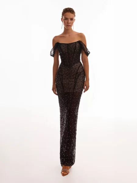Striking Black Sequined Fitted Maxi Dress