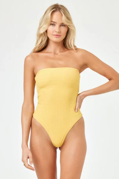 yellow bandeau one piece swimsuit