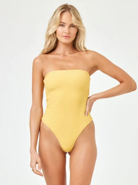 yellow bandeau one piece swimsuit