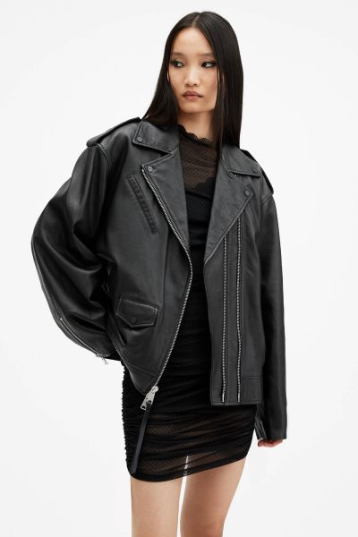 allsaints oversized black leather jacket