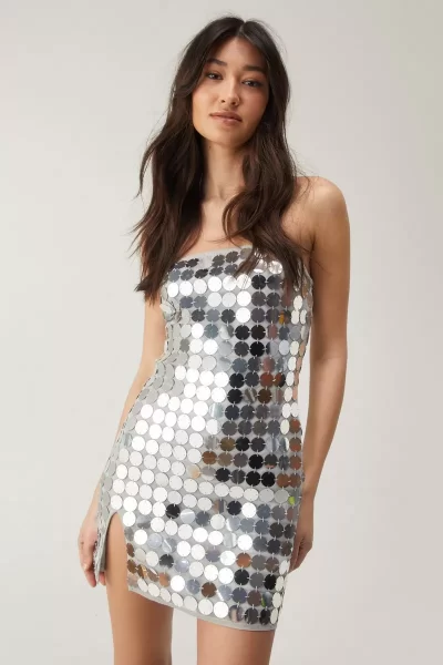 Nasty Gal silver disc chainmail bandeau split mini dress